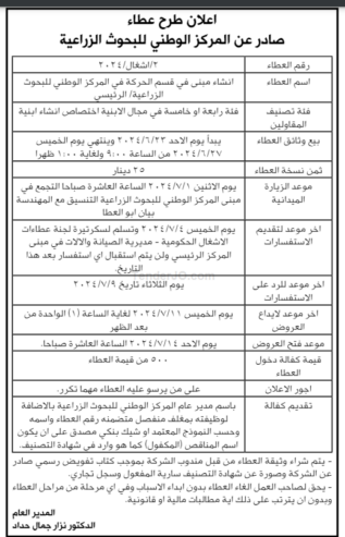 انشاء مبنى في قسم الحركة في المركز الوطني للبحوث الزراعية/ الرئيسي