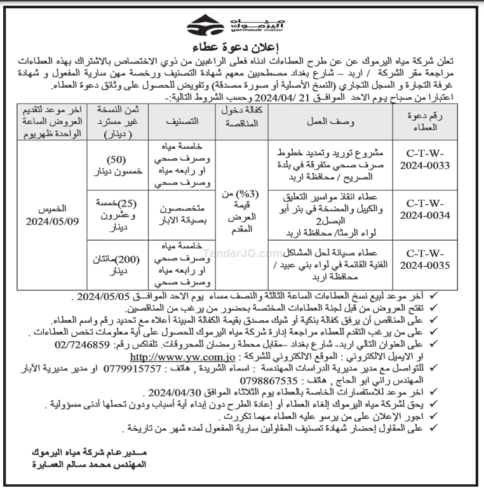 عطاء صيانة لحل المشاكل الفنية القائمة في لواء بني عبيد / محافظة اربد