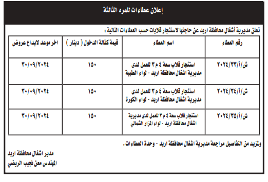 استئجار قلاب سعة 4 م 3 للعمل لدى مديرية اشغال محافظة اربد -لواء الكورة