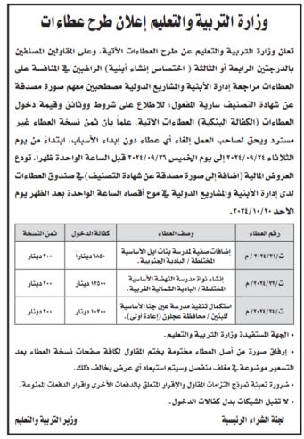 اضافات صفية لمدرسة بنات ايل الاساسية المختلطة /البادية الشمالية