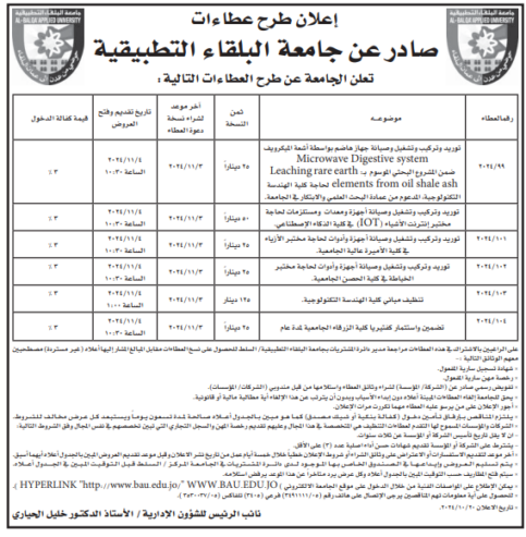 توريد وتركيب وتشغيل وصيانة أجهزة وأدوات لحاجة مختبر الأزياء في كلية الأميرة عالية الجامعية