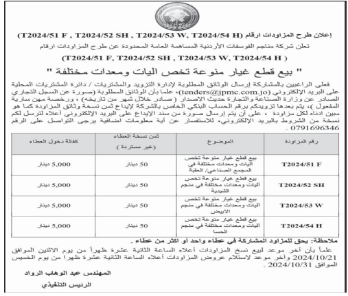 بيع قطع غيار منوعة تخص اليات ومعدات مختلفة في منجم الشيدية