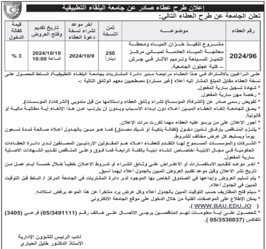 مشروع تنفيذ خزان المياه ومحطة معالجة المياه العادمة لمباني مركز التميز للسياحة وترميم الآثار في جرش كلية عجلون الجامعية