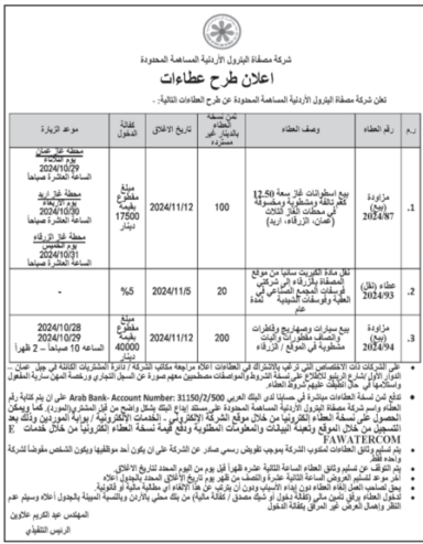 بيع اسطوانات غاز سعة 12.50 كعم تالفة ومشطوبة ومخسوفة في محطات الغاز الثلاث (عمان، الزرقاء، اربد)