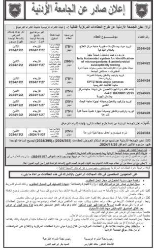 توريد وتركيب وتشغيل وصيانة جهاز fully Automated system for identification of microorganisms & antimicrobial susceptibility testing مجاناً مقابل شراء الكواشف لمدة خمس سنوات حاجة دائرة المختبرات – مستشفى الجامعة