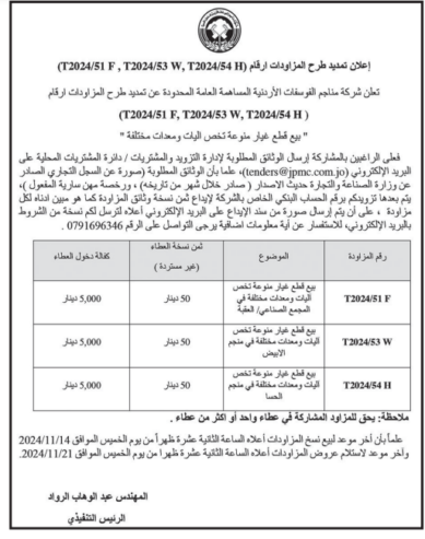 بيع قطع غيار منوعة تخص اليات ومعدات مختلفة في منجم الأبيض